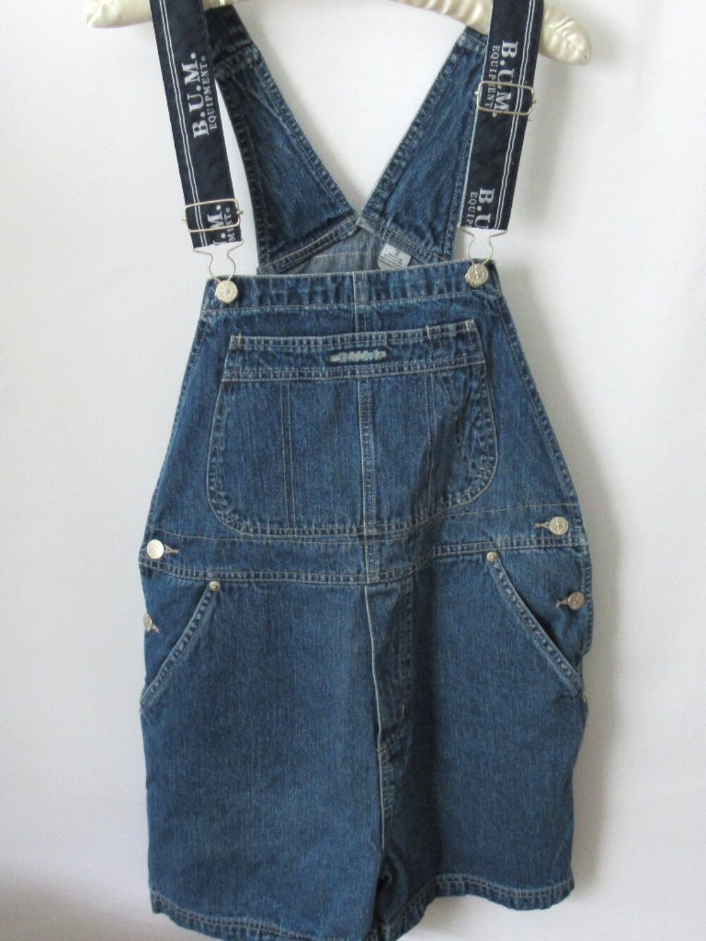 Vtg B.U.M. Equipment denim bib overalls cargo shorts jeans *Sz M*